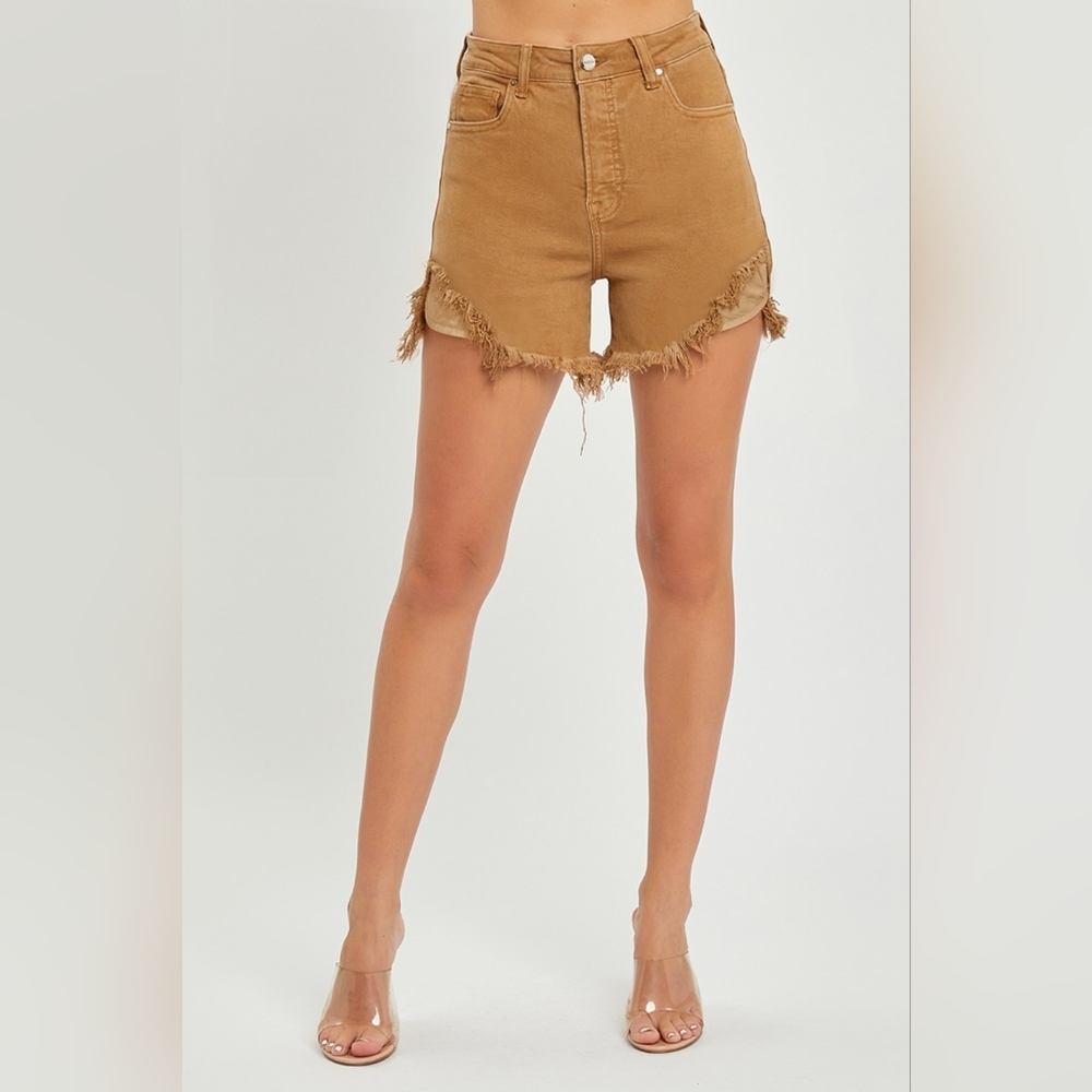 RISEN Cutoff High Rise Waist Distressed Moca Denim Frayed Mid-length Jean Shorts - Picture 5 of 16